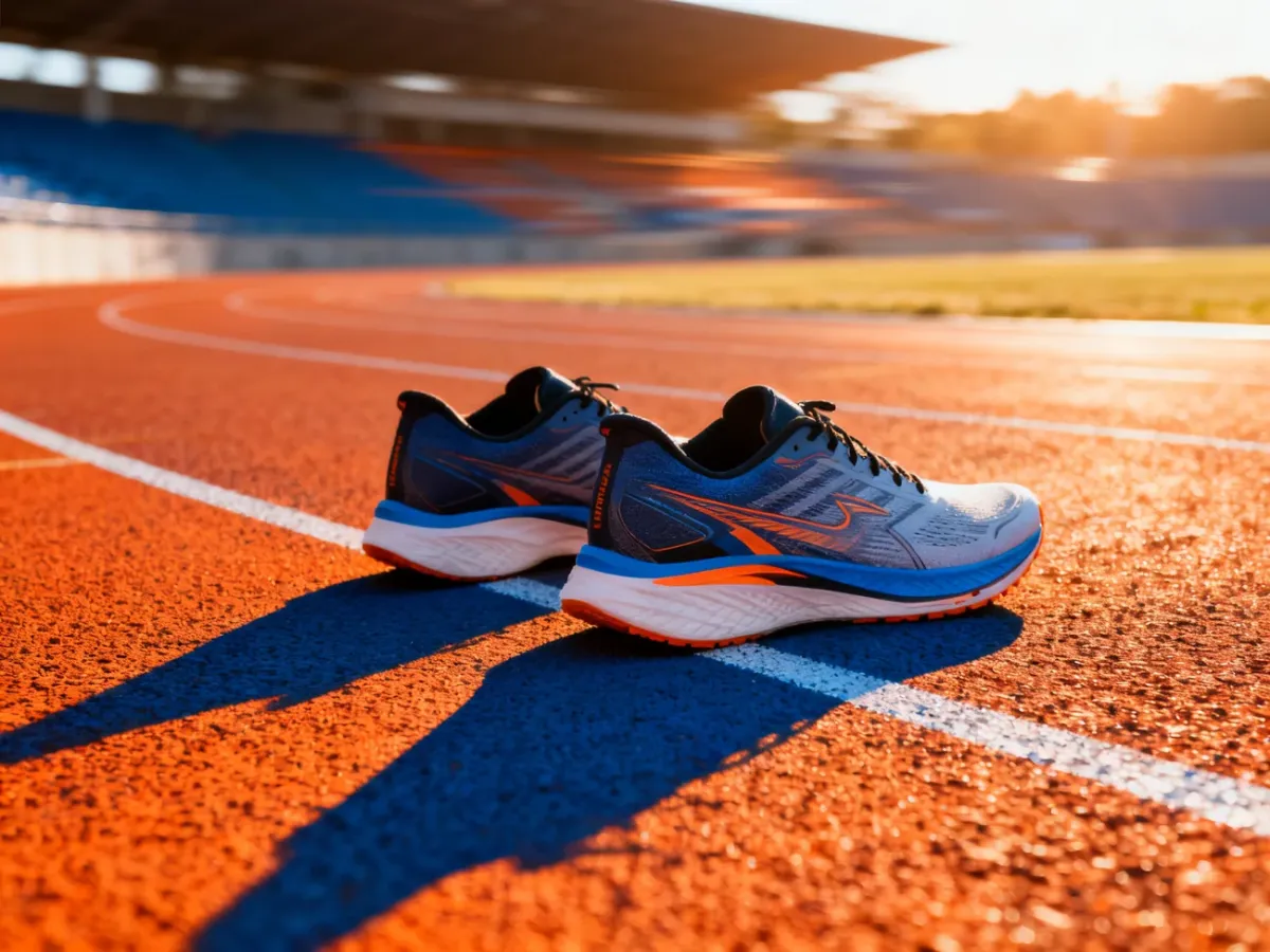 Nowoczesne buty do biegania na bieżni lekkoatletycznej w blasku porannego słońca.