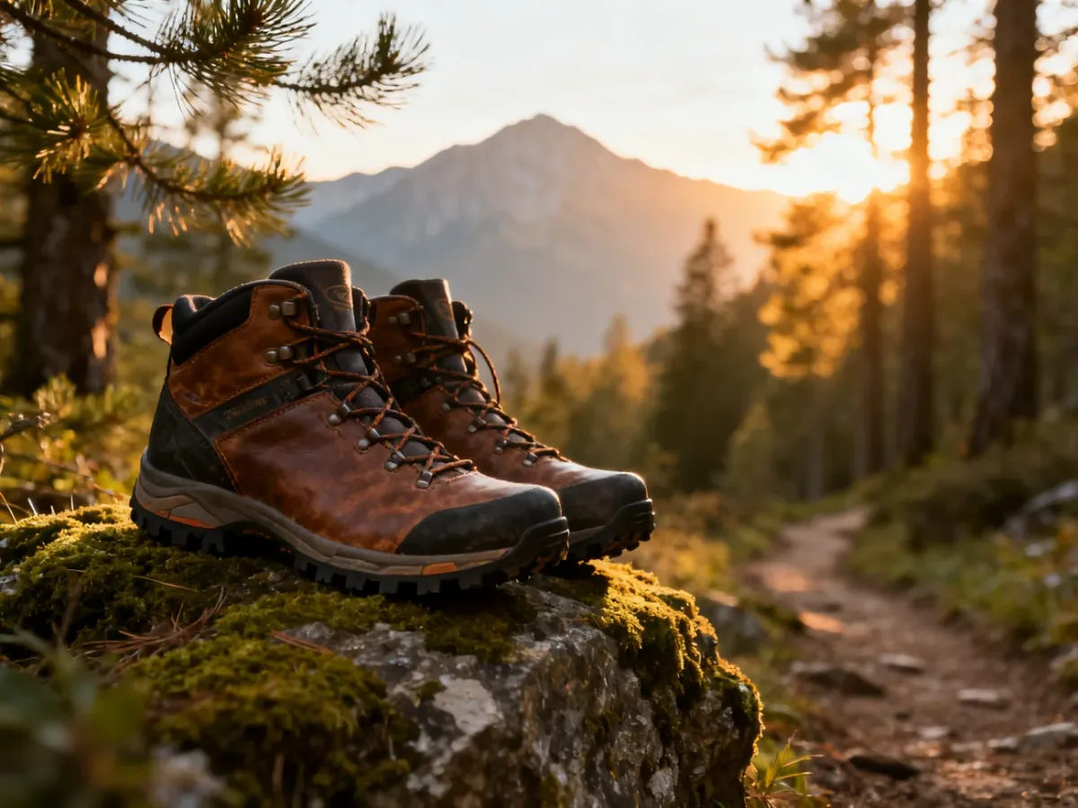 Profesjonalne buty trekkingowe na mszystym kamieniu w lesie, z górskim krajobrazem w tle o wschodzie słońca.