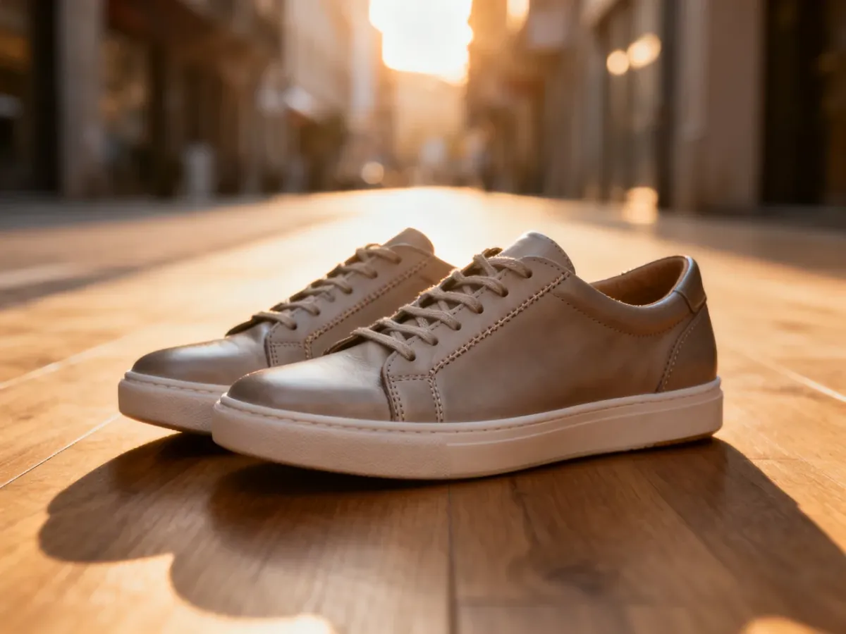 Stylowe, skórzane sneakersy męskie na drewnianym podłożu w ciepłym świetle zachodzącego słońca.