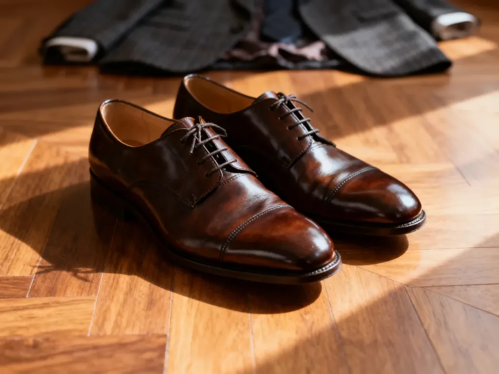Eleganckie, ciemnobrązowe buty typu oksfordy na drewnianej podłodze, zestawione z materiałem garniturowym w tle.